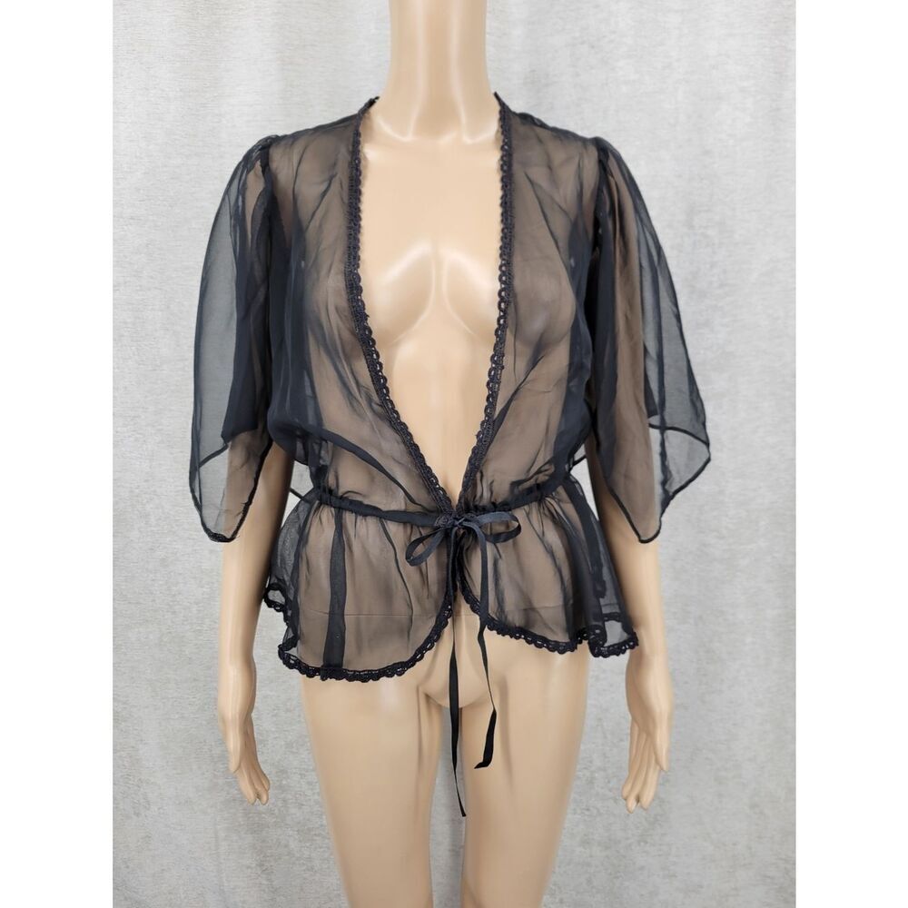 Vintage Black Sheer Cinch Cord Waist Crochet Lace Trim Top